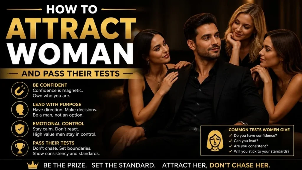 Infographic guide on how to attract women and pass their tests featuring a high-value man