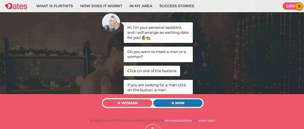 Screenshot of an interactive online dating assistant landing page with options to meet a man or a woman