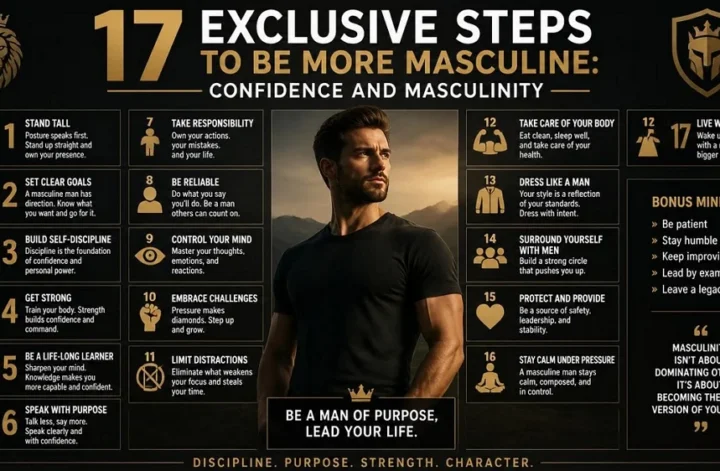 Infographic showing 17 exclusive steps to be more masculine focusing on discipline, purpose, strength, and confidence.