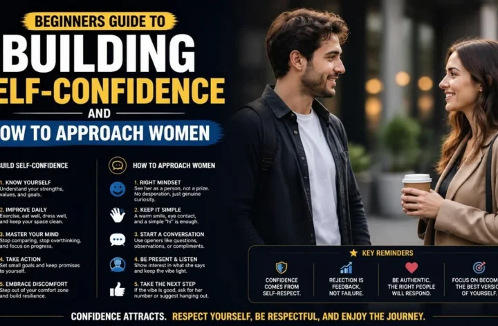 Infographic checklist for building self-confidence and learning how to approach women for beginners.