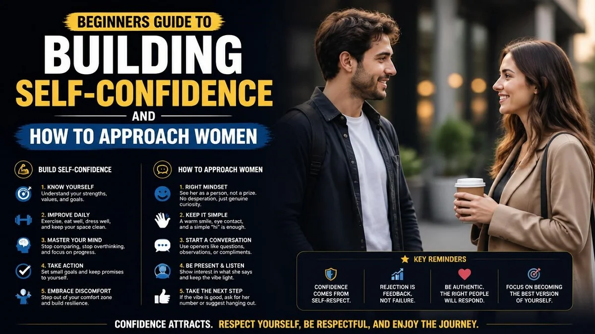 Infographic checklist for building self-confidence and learning how to approach women for beginners.