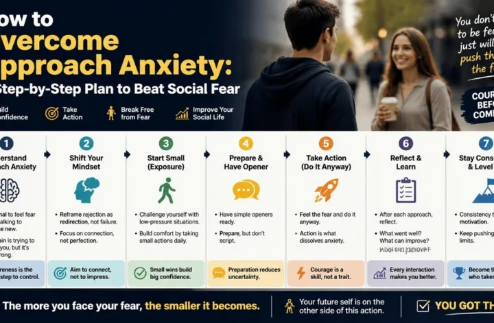 How to overcome approach anxiety - 7 step plan infographic to beat social fear and build confidence