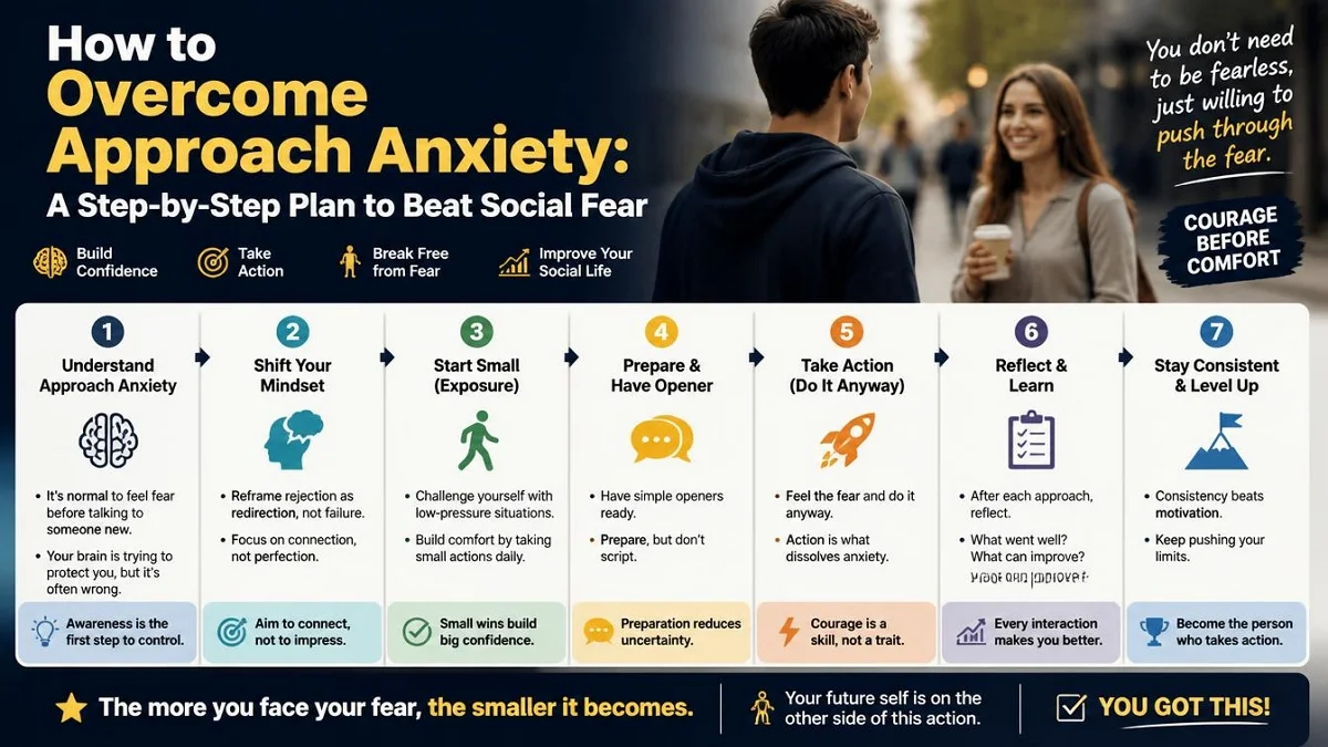 How to overcome approach anxiety - 7 step plan infographic to beat social fear and build confidence