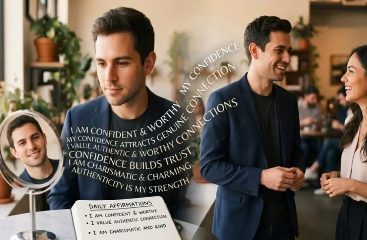 A man practicing daily affirmations in front of a mirror to build real confidence and attract women in a social setting.
