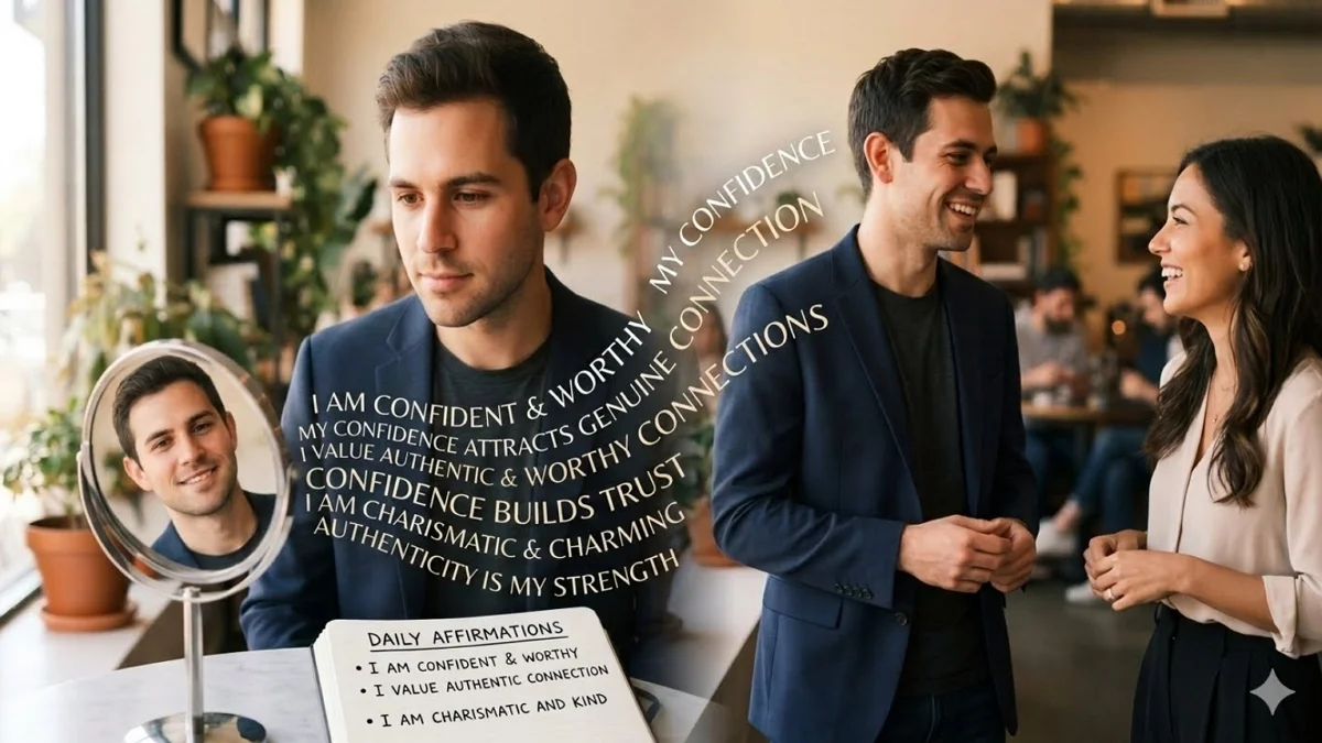 A man practicing daily affirmations in front of a mirror to build real confidence and attract women in a social setting.