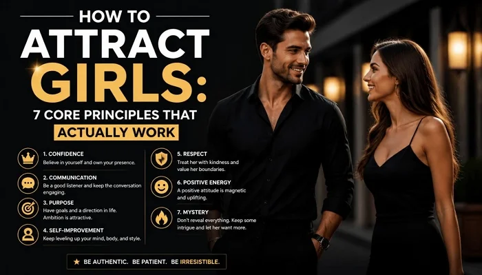 Man and woman smiling together illustrating how to attract girls using 7 core principles infographic.