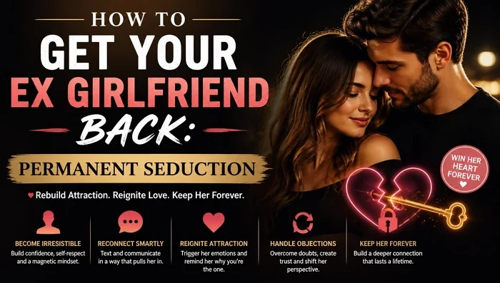How to get your ex girlfriend back infographic outlining steps for permanent seduction, rebuilding attraction, and keeping her forever.