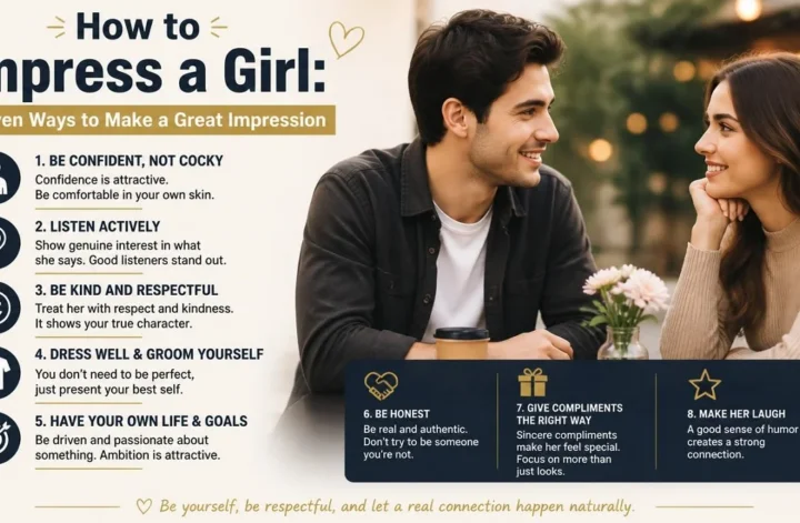 An infographic showing 8 proven ways to impress a girl, including being confident, active listening, and grooming.
