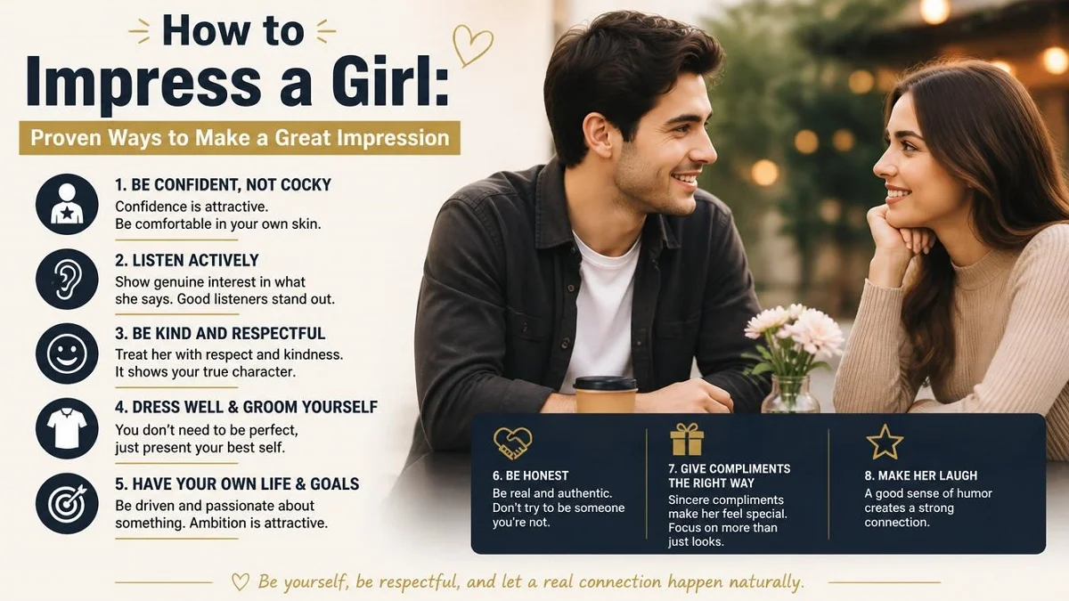 An infographic showing 8 proven ways to impress a girl, including being confident, active listening, and grooming.