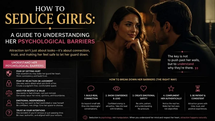 Infographic guide on how to seduce girls by understanding her psychological barriers