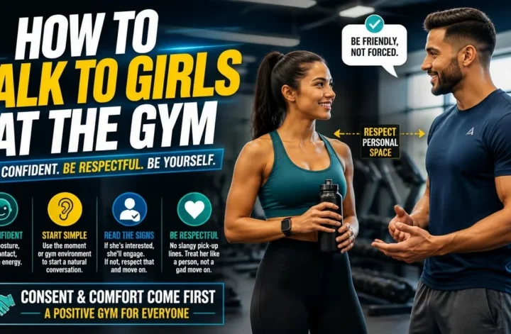 Infographic guide on how to talk to girls at the gym respectfully and confidently.