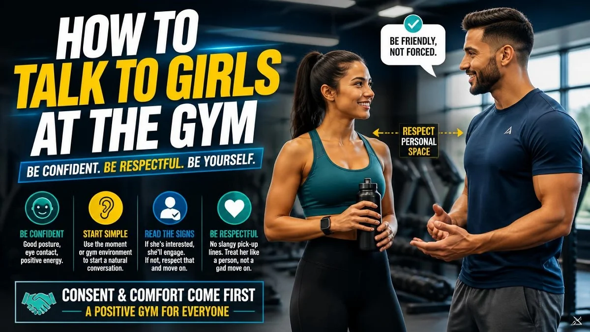 Infographic guide on how to talk to girls at the gym respectfully and confidently.