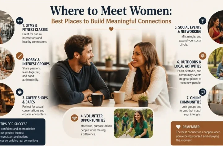 Infographic illustrating the 7 best places to meet women and build meaningful connections, including gyms, hobby groups, coffee shops, and social events.