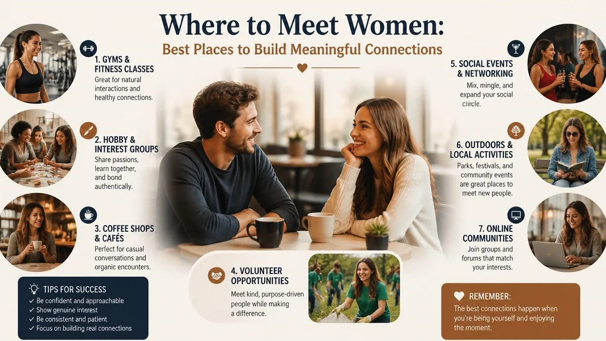 Infographic illustrating the 7 best places to meet women and build meaningful connections, including gyms, hobby groups, coffee shops, and social events.