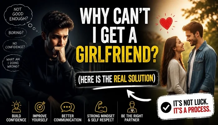 A discouraged young man thinking about dating issues next to a happy smiling couple, illustrating the text why can't I get a girlfriend.