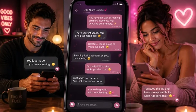 A man and a girl smiling while flirting over text messages, showing a smartphone chat screen with real-life flirty text examples in a warm neon-lit room.