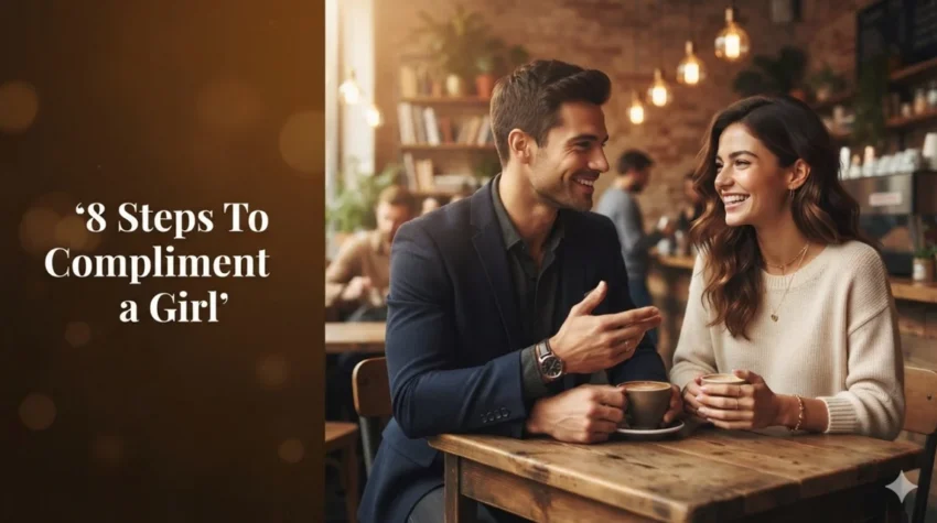 A confident masculine man giving a genuine compliment to a smiling beautiful girl in a coffee shop