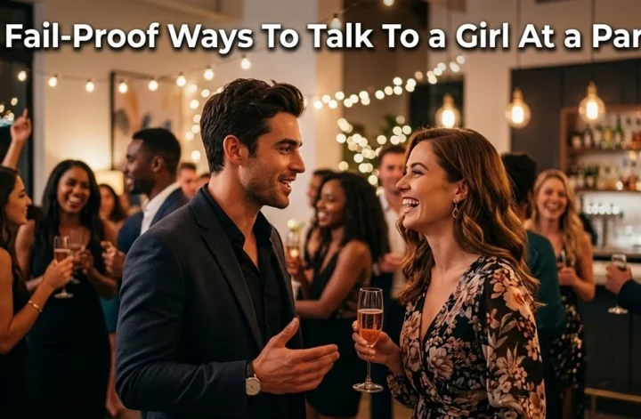 A confident man talking to a smiling girl at a party with the title 13 Fail-Proof Ways To Talk To a Girl At a Party