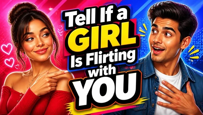 A woman pointing at a man while he reacts with surprise, illustrating signs a girl is flirting with you.