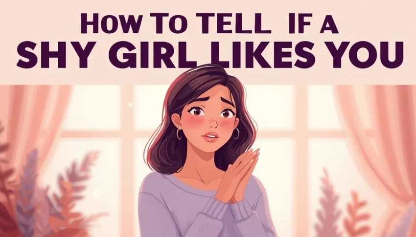 Illustrated banner showing a shy girl with blushing cheeks looking flustered with text How To Tell If A Shy Girl Likes You