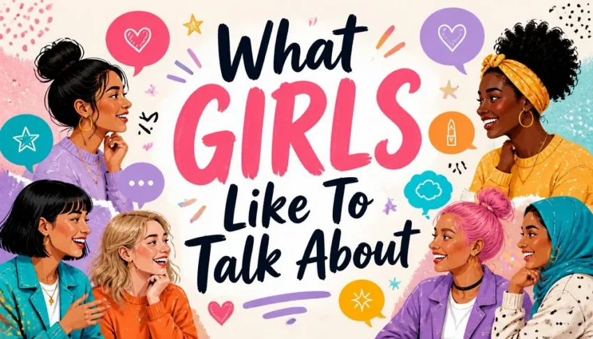 What Girls Like To Talk About featured image showing a group of diverse, smiling women having a fun conversation with speech bubbles and colorful background elements.